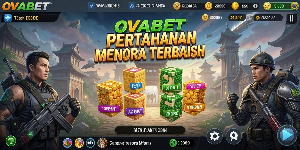 Tampilan gameplay OVABET dengan menara dan musuh yang menantang.