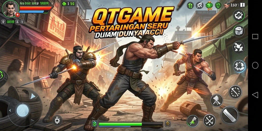 Tangkapan layar utama QTGAME menampilkan aksi pertarungan yang mendebarkan.