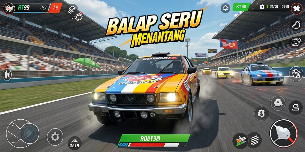 Screenshot gameplay balap yang menampilkan mobil melaju kencang.